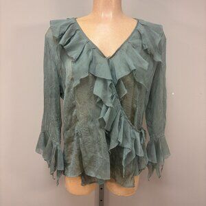 Vintage Jaipar Shirt Large Green V Neck 3/4 Sleeves Sheer Handkerchief Blouse